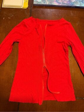 Red Ribbed Zip-Front Long Sleeve Top